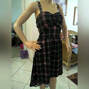 BNWT SCARLET DARKNESS BLAFK GREEN & Red Plaid Midi Dress FAUX LEATHER STRAPS XL